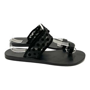Ancient Greek Sandals Black Leather Sheer Polka Dot Toe Loop Slide Sandals 38